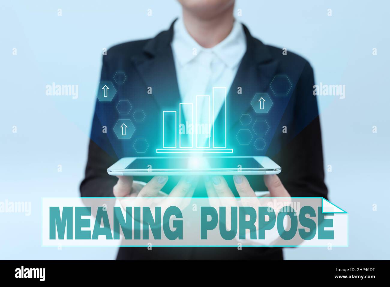 Hand writing sign Meaning Purpose, Internet Concept The reason for which something is done or created and exists Lady In Uniform Holding Phone And Sho Stock Photo