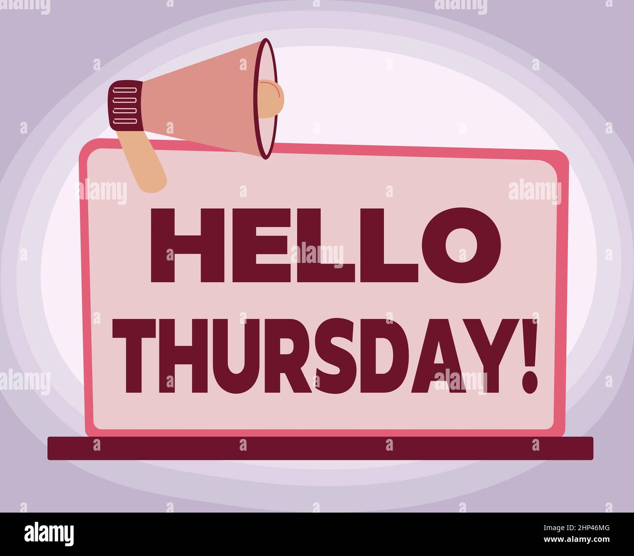 Text caption presenting Hello Thursday, Business overview a positive message as the Friday s is herald passes by Illustration Of Megaphone On Blank Mo Stock Photo