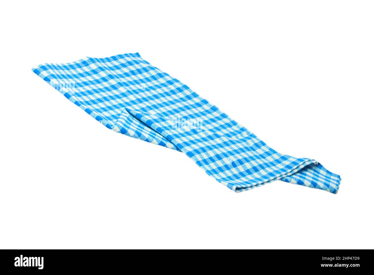 Closeup of a blue and white checkered napkin or tablecloth texture isolated on white background. Kitchen accessories. Stock Photo