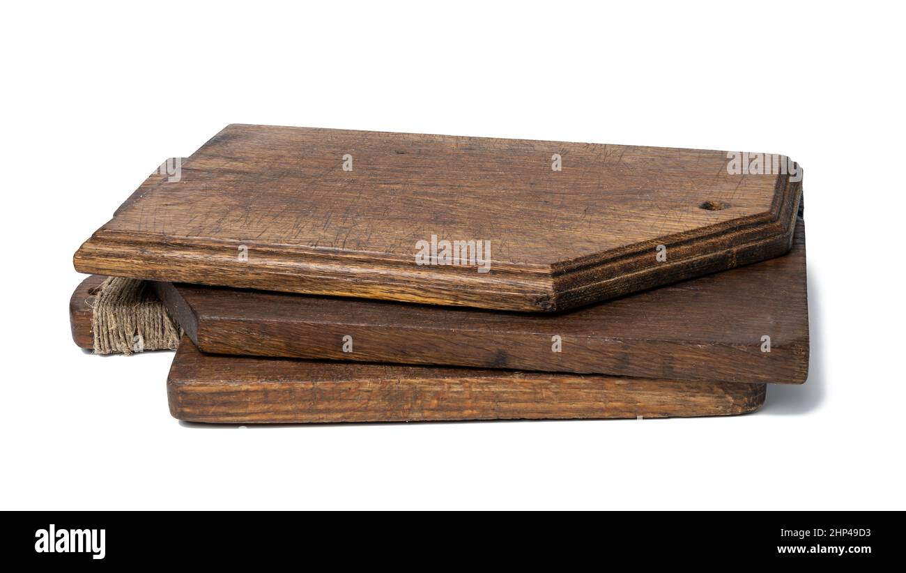 empty brown rectangular wooden oak kitchen cutting board. White background Stock Photo
