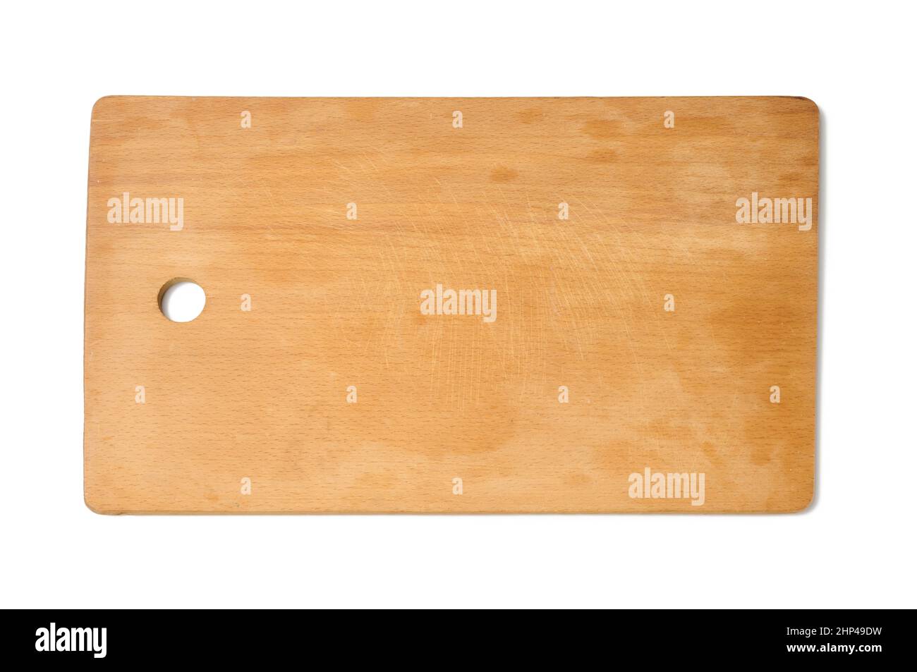 empty rectangular wooden kitchen cutting board. White background, top view Stock Photo