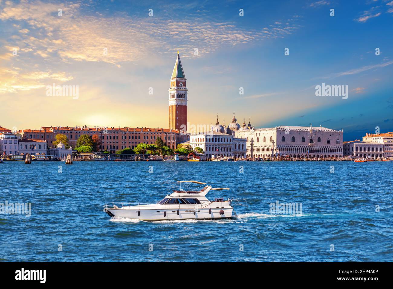 Venice Lagoon with a boat and famous places of interest, Italy. Stock Photo