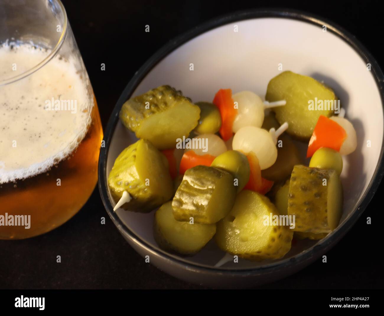 typical Spanish aperitif accompany pickle beer olives pepper Stock ...