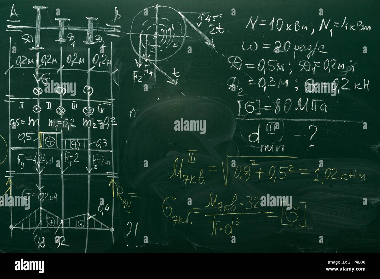 Board with chalk. Formulas, numbers and graphs with drawings are ...