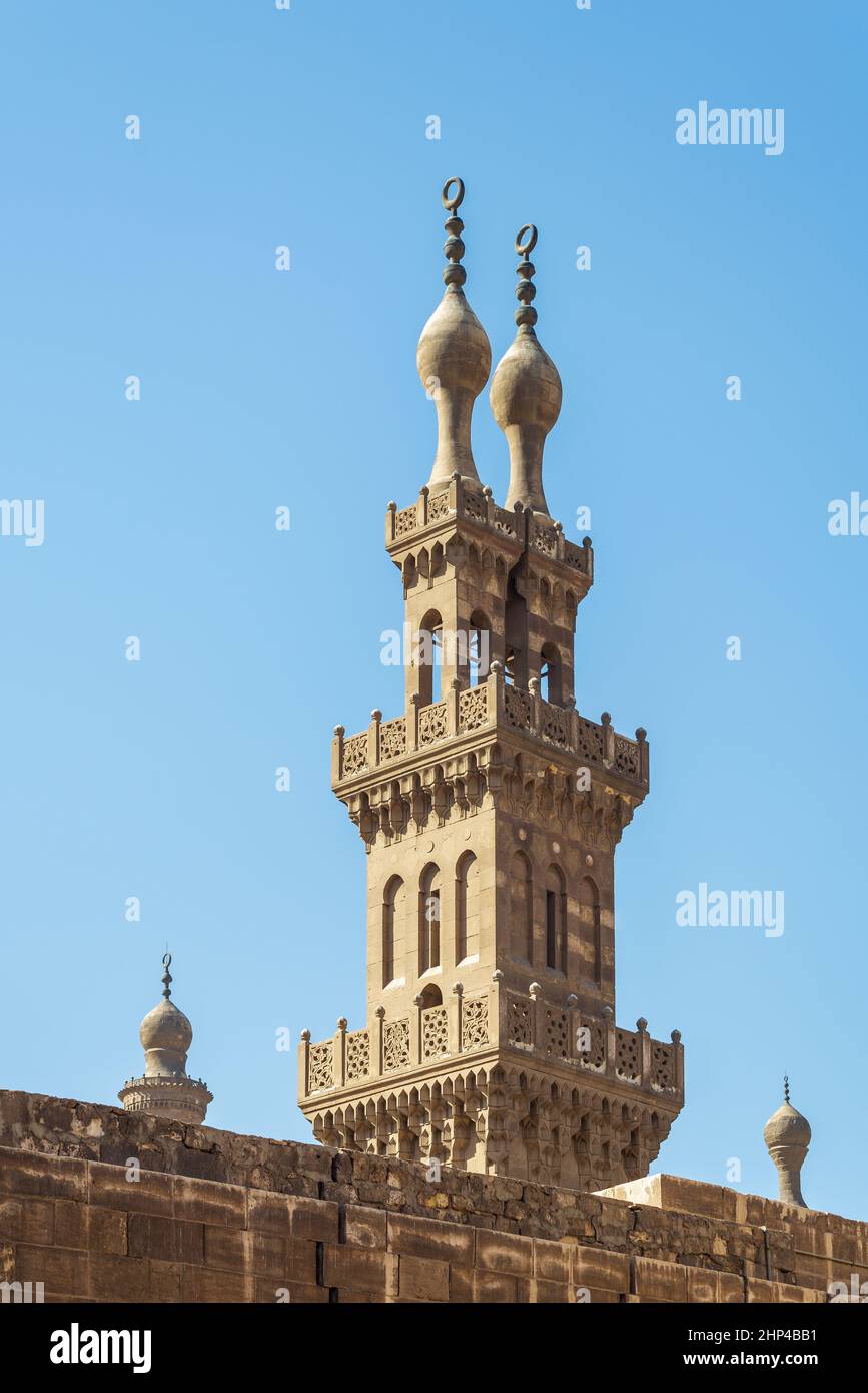 Minaret of public historic Mamluk era Mosque of Qanibay AlRamah, Cairo Citadel Square, Old Cairo, Egypt Stock Photo