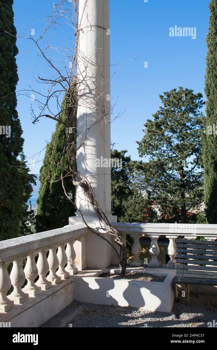 Rijeka, Croatia - White pillar from the beautiful lookout terrace overlooking the city, part of historic water reservoir Vidikovac Stock Photo