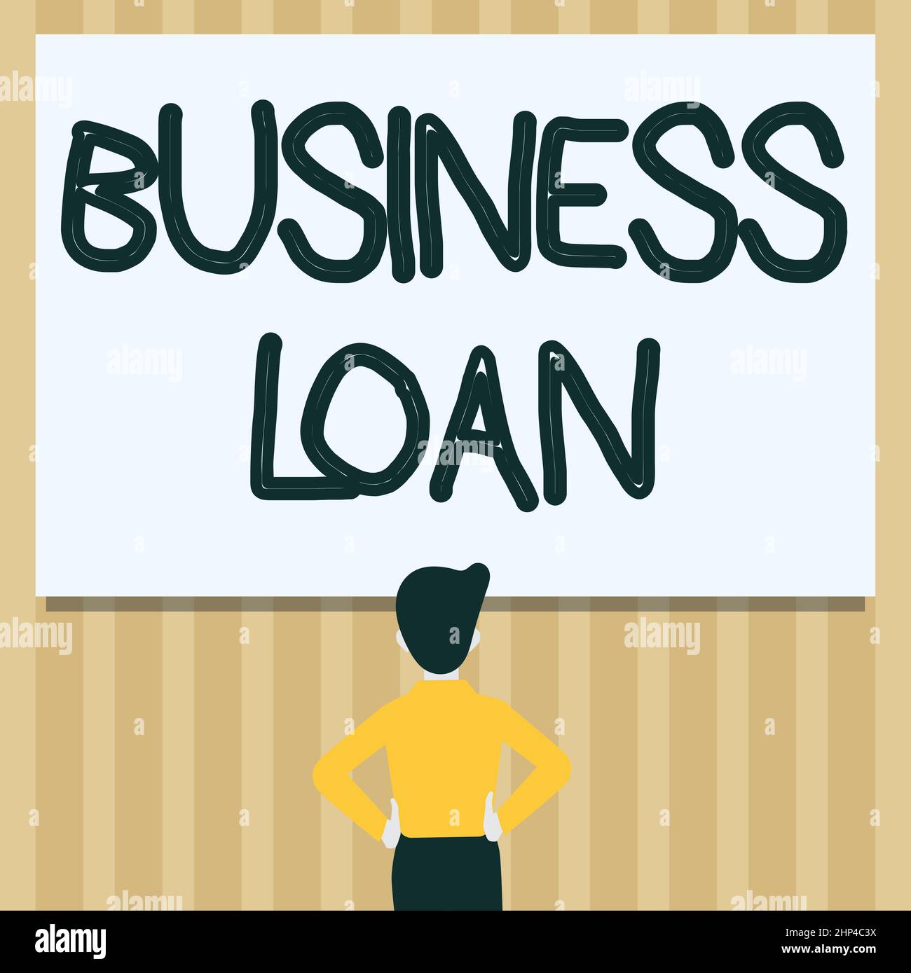 Writing displaying text Business Loan, Business showcase Credit Mortgage Financial Assistance Cash Advances Debt Man Drawing Standing Hands N Hips Loo Stock Photo