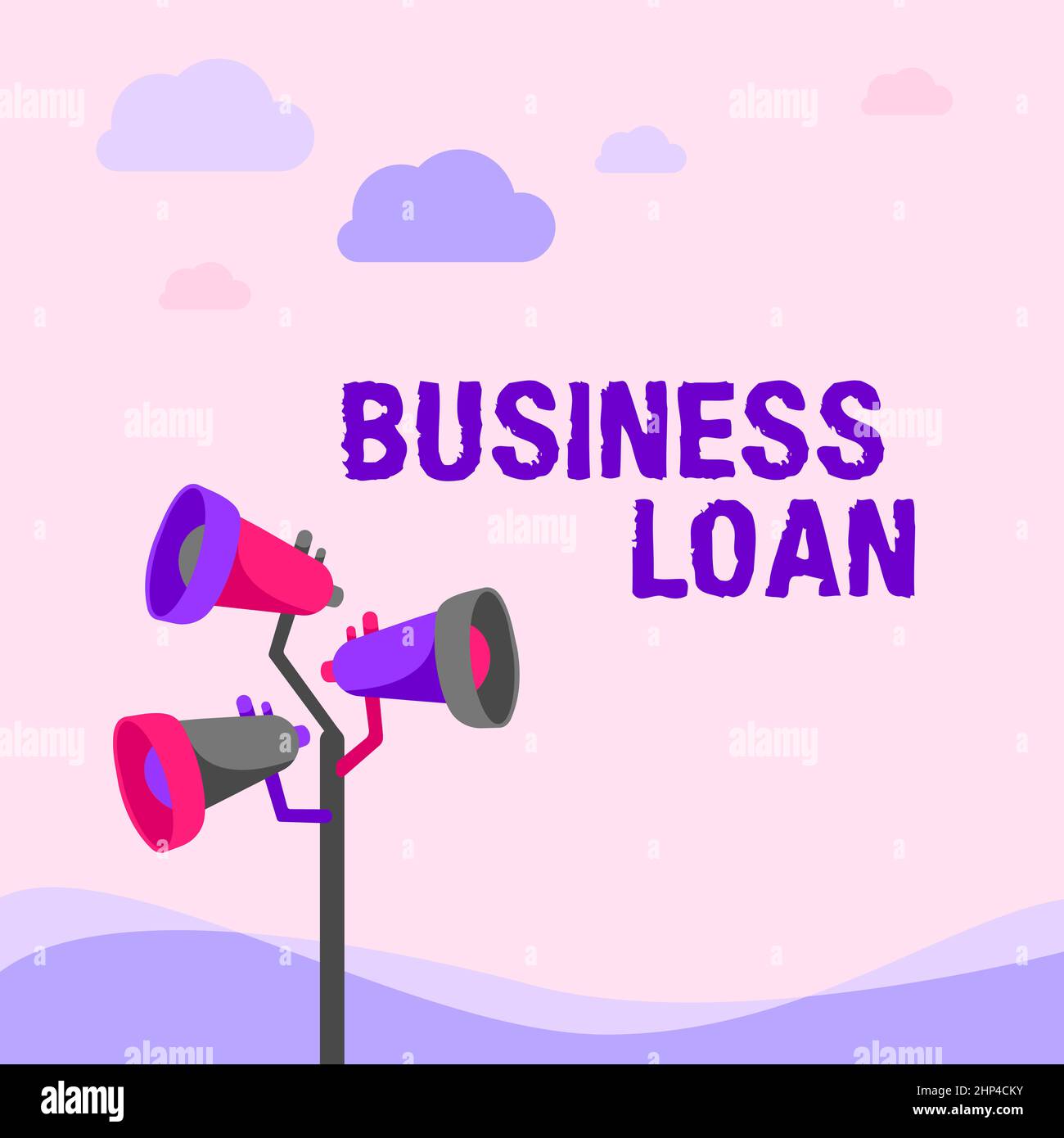 Text sign showing Business Loan, Conceptual photo Credit Mortgage Financial Assistance Cash Advances Debt Pole Megaphones Drawing Making Announcement Stock Photo