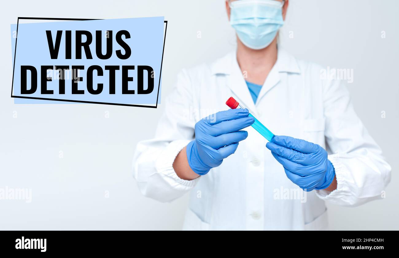 Text caption presenting Virus Detected, Word for A computer program used to prevent and remove malware Studying Discovered Medication Analyzing Medici Stock Photo