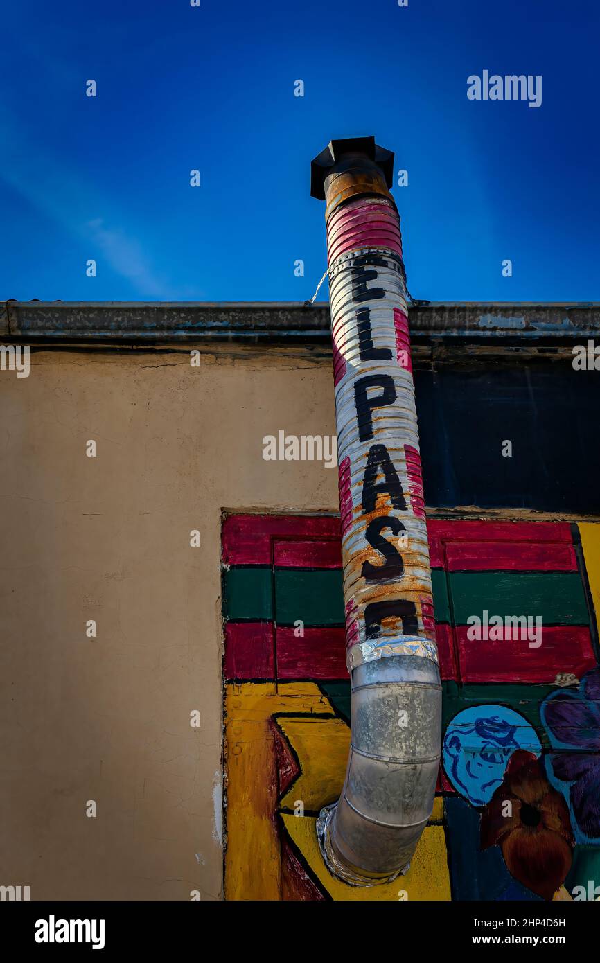 A smoke stack surrounded by street art in Duranguito, near Union Plaza in downtown El Paso, Texas. Stock Photo