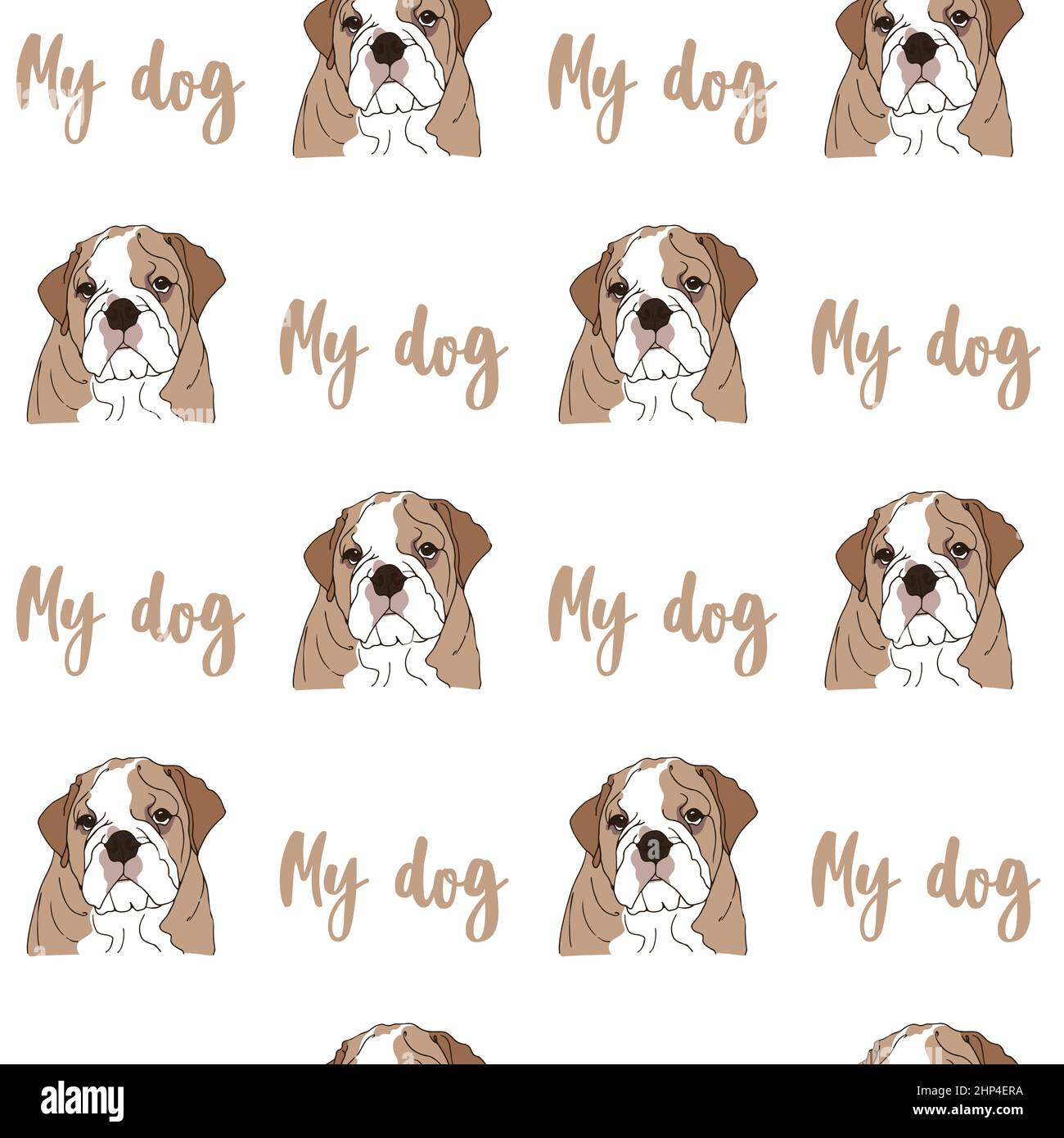 English Bulldog vector seamless pattern, hand drawn background with sketch of a dog Stock Vector