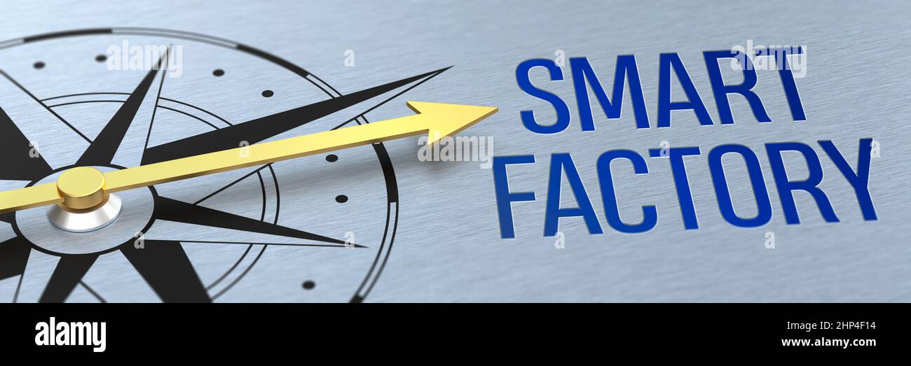Compass needle pointing to the words Smart factory - 3d rendering Stock Photo