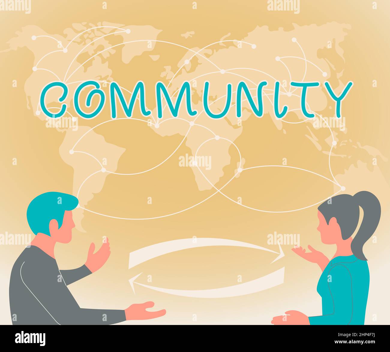 Text caption presenting Community, Word for group of showing with a common characteristics living together Two Teammates Discussing New Ideas World Ma Stock Photo