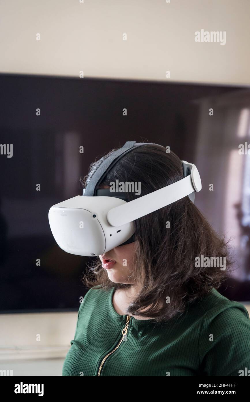 Girl with VR headset, London, UK Stock Photo