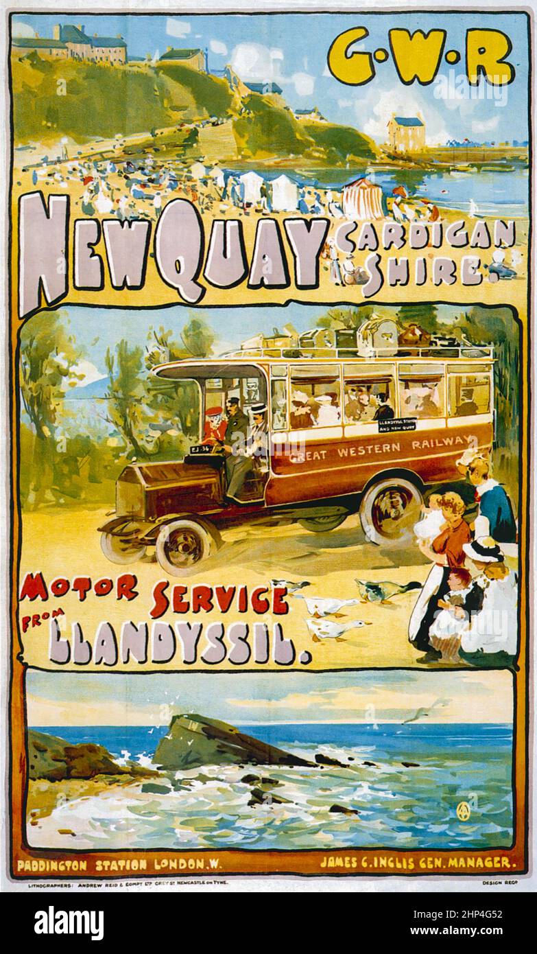 Vintage G.W.R. Great Western Railway Newquay, Cardiganshire Railway travel poster. UK Stock Photo
