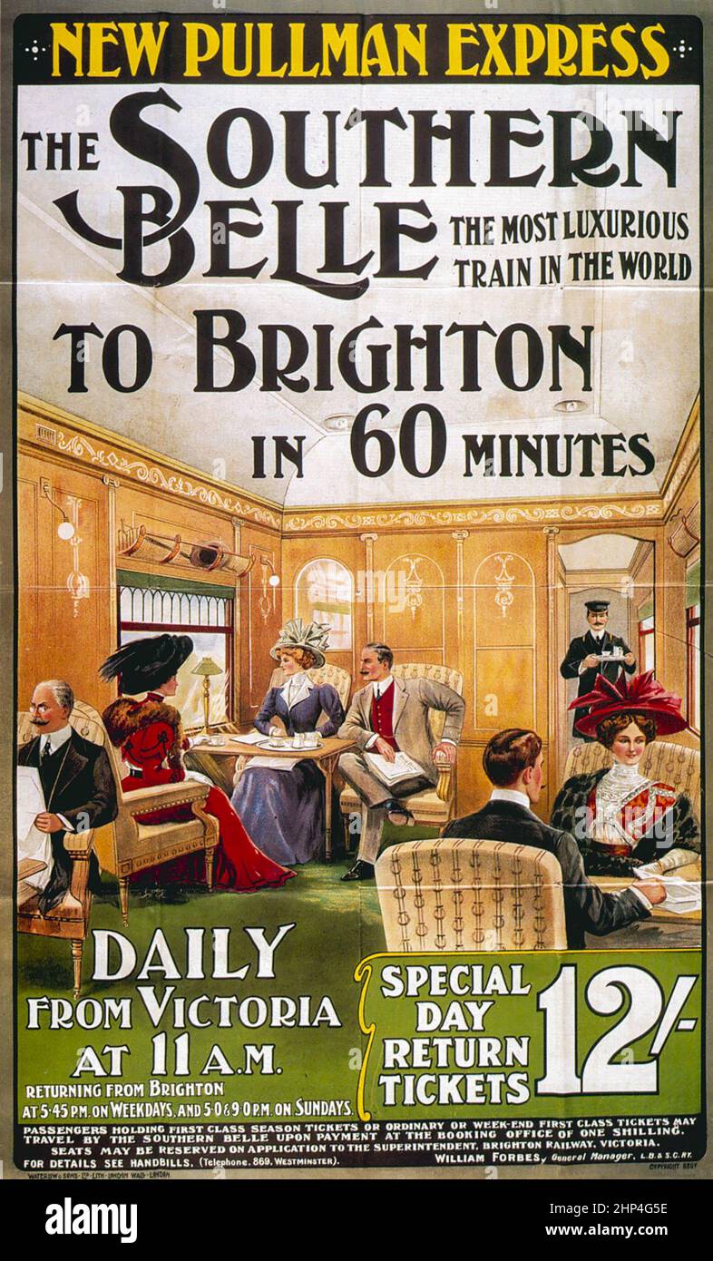 Vintage Pullman Express Southern Belle Victoria to Brighton Railway travel poster. UK Stock Photo