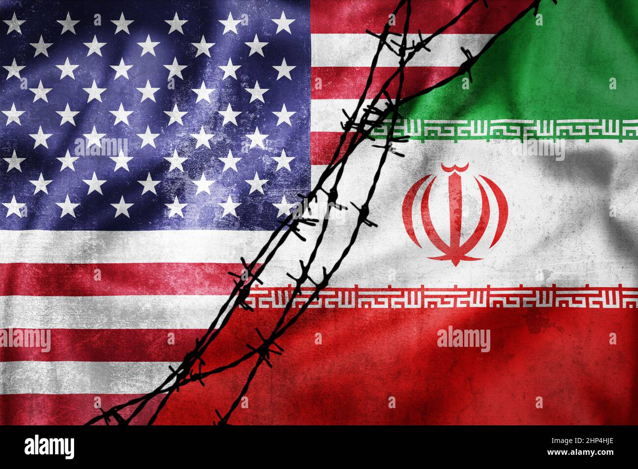 Grunge flags of Iran and USA divided by barb wire illustration, concept of tense relations between Iran and the USA Stock Photo