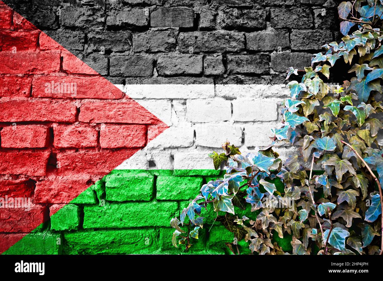 Palestine grunge flag on brick wall with ivy plant, country symbol concept Stock Photo