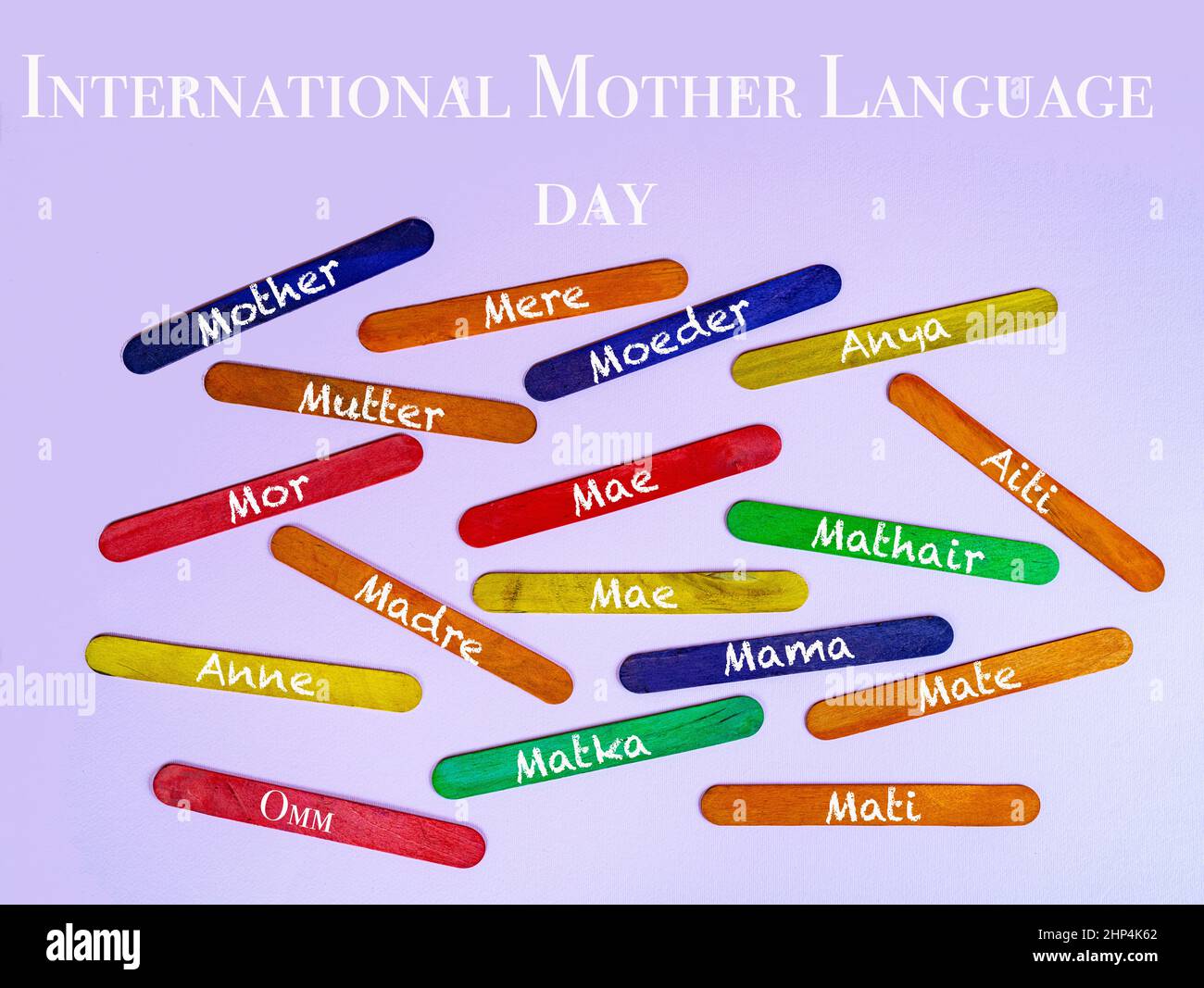 Some colored slats with the word Mother written in different languages ...