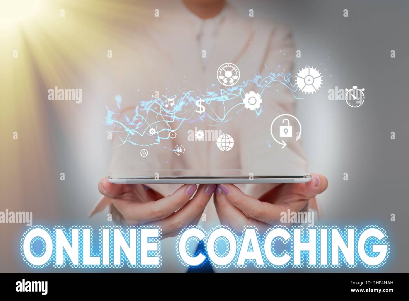 Writing displaying text Online Coaching, Internet Concept Learning from online and internet with the help of a coach Lady In Suit Holding Phone And Pe Stock Photo