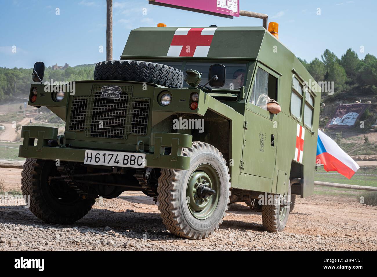 View of Land Rover Santana Ligero military ambulance model vehicle on a sunny day in Suria, Spain Stock Photo