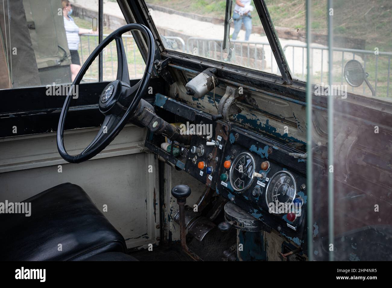 View of the Interior cabin of a Land Rover Santana vehicle in Suria, Spain Stock Photo