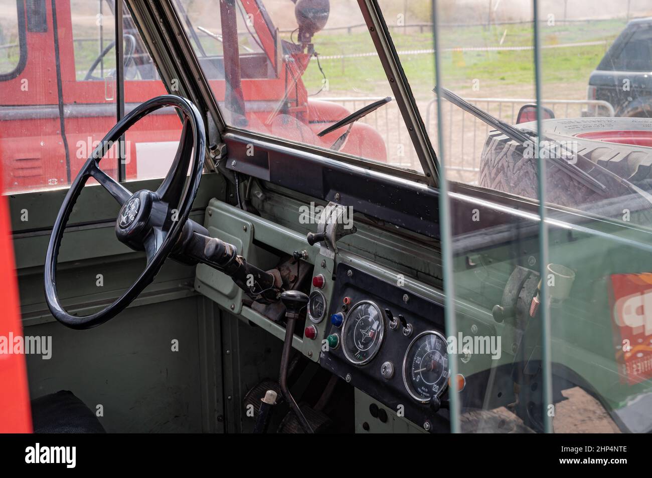 View of the Interior cabin of a Land Rover Santana vehicle in Suria, Spain Stock Photo