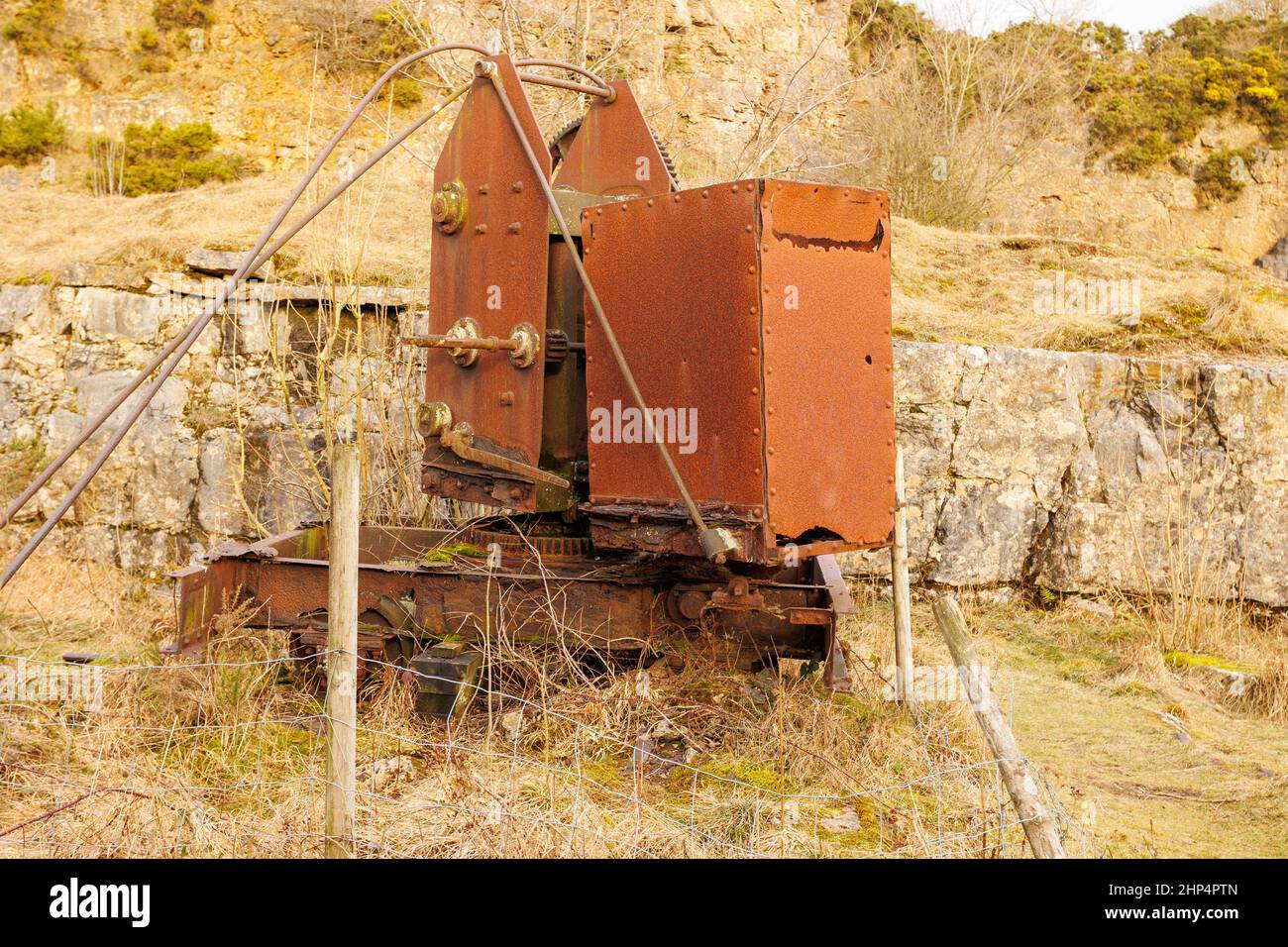 The rusting remains of Stothert & Pitt quarry crane on the old HIgh Peak railway  in Derbyshire. Probaby made sometime around 1860. Stock Photo