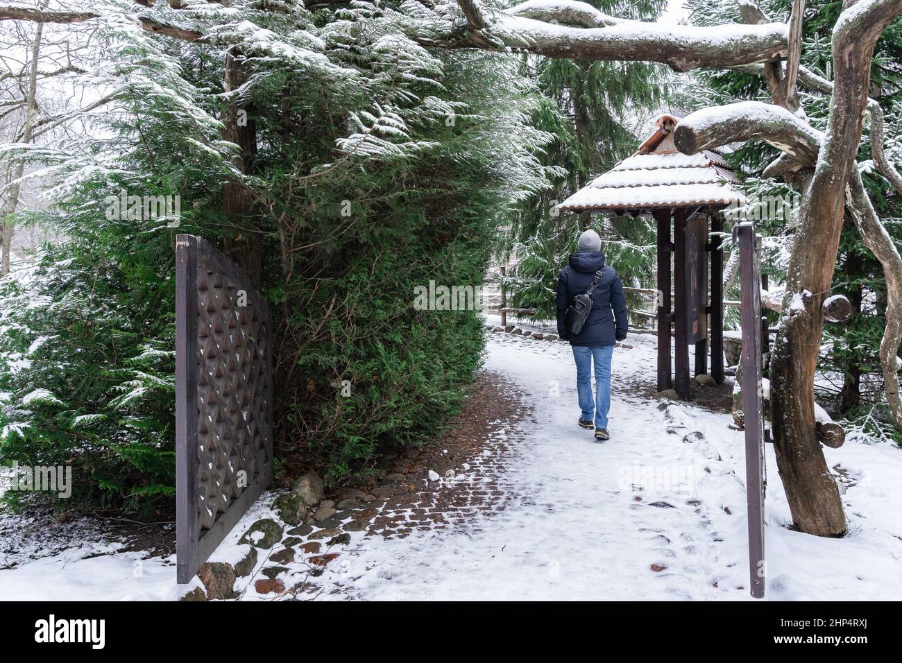 Man backpack walks in winter hi-res stock photography and images - Alamy