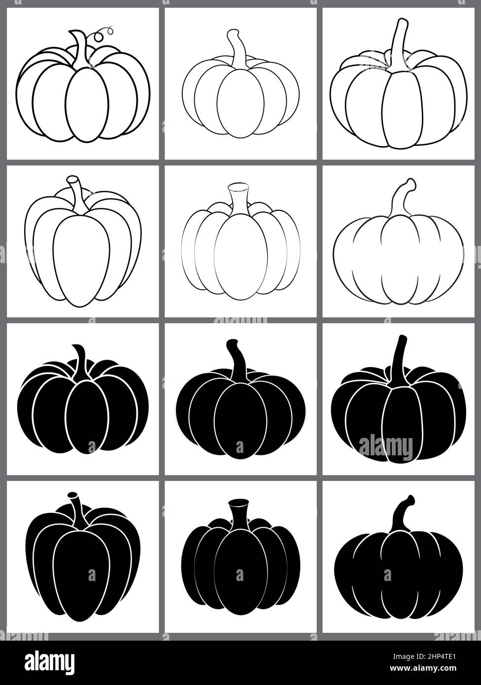 Pumpkin outline and silhouette icon set for autumn. Halloween contour and black shape vegetable design. Vector illustration isolated on white background. Stock Vector