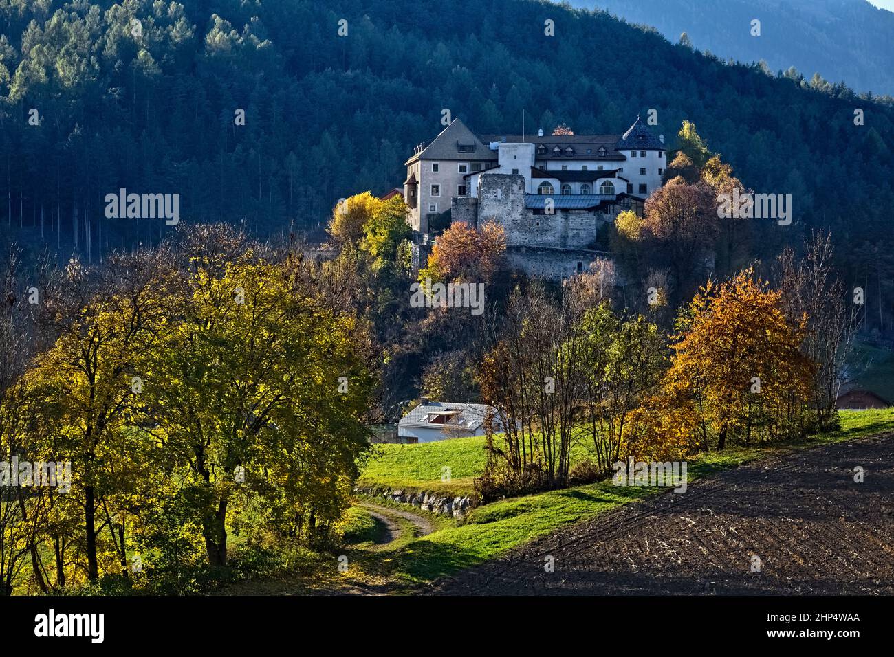 The Badia Castle (Sonnenburg) was a medieval fortress and a monastery of nuns. San Lorenzo di Sebato / St. Lorenzen, Pusteria, South Tyrol, Italy. Stock Photo