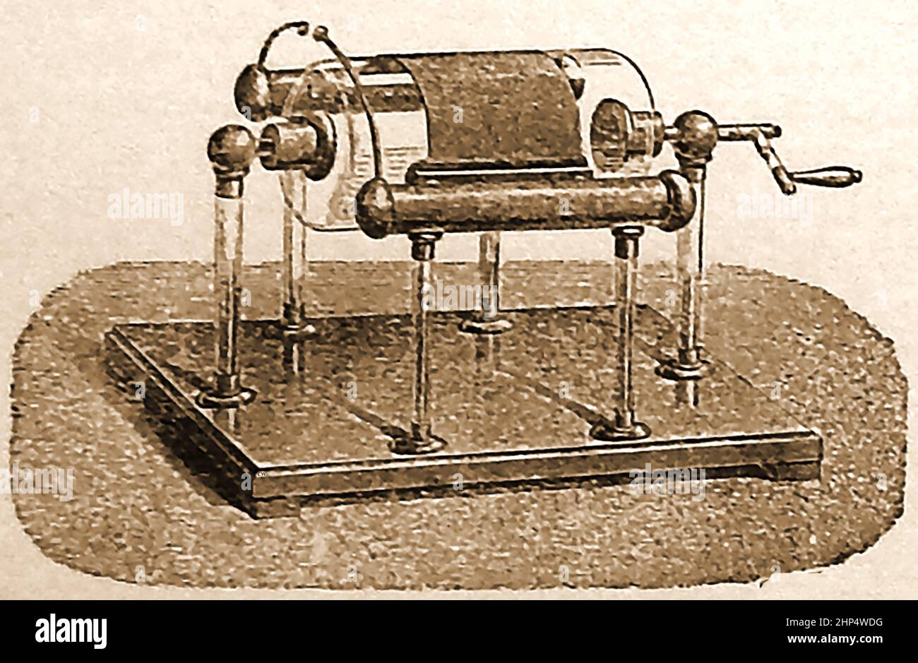 EARLY ELECTRICITY EXPERIMENTS   - A late 19th Century engraving of a hand operated  cylinder electric machine. Stock Photo