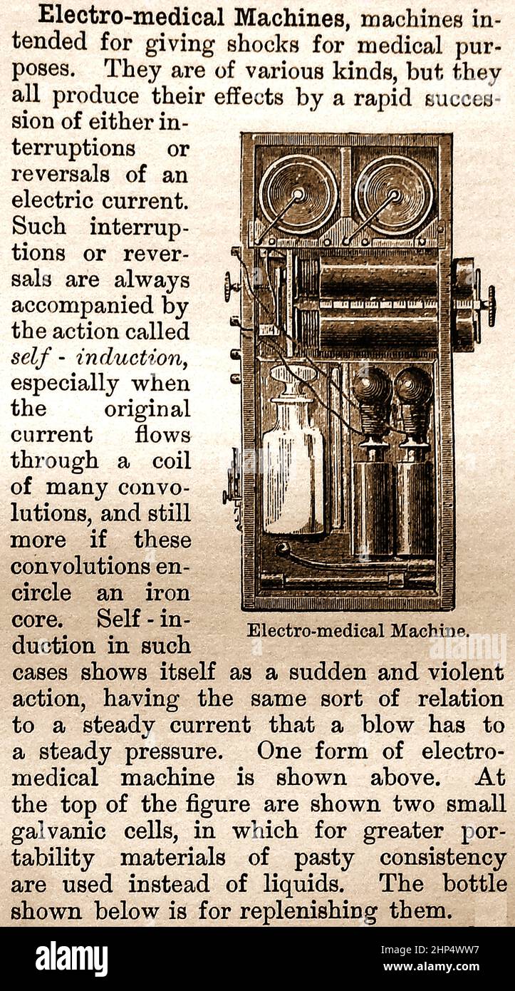 EARLY ELECTRICITY EXPERIMENTS   - A late 19th Century engraving of an  example of an electro-medical machine with description. Stock Photo