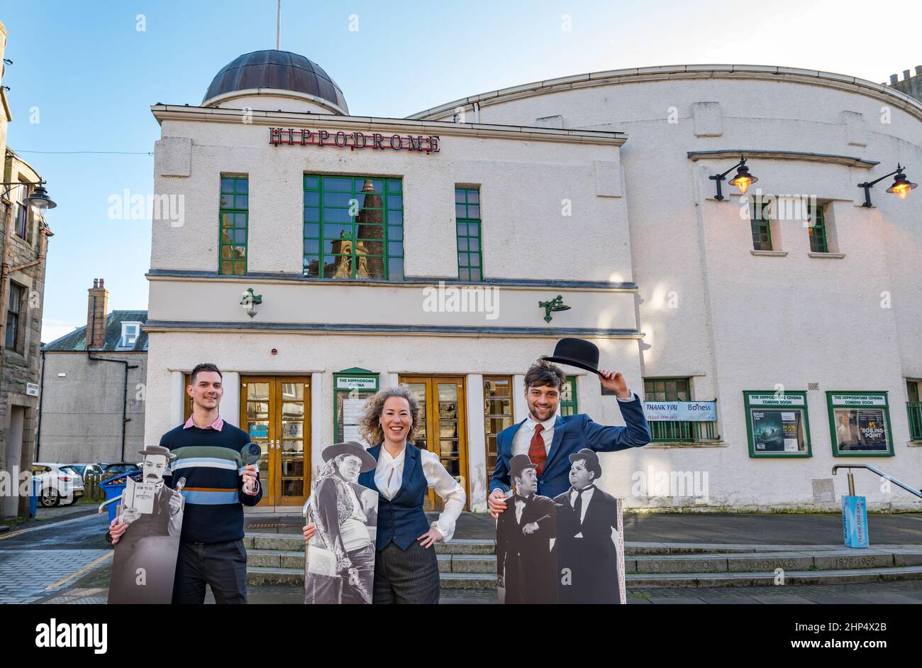 Launch of Silent Film Festival with cardboard cutouts of classic comedy actors, HippFest silent film festival at Hippodrome, Bo'ness, Scotland, UK Stock Photo