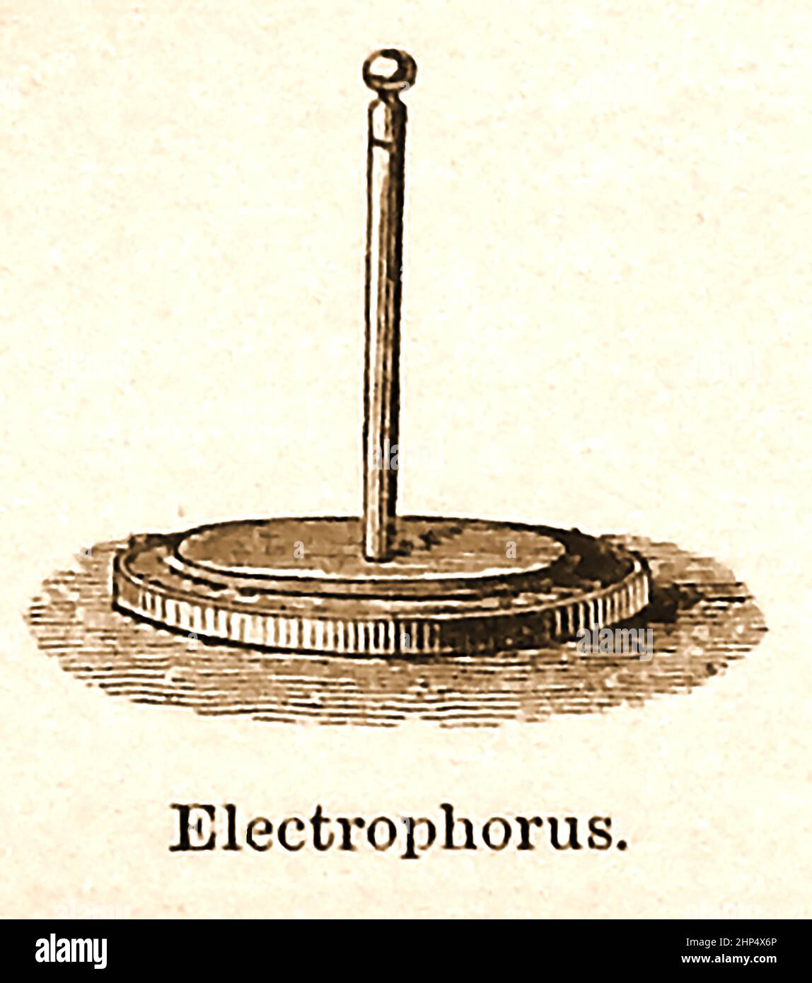 EARLY ELECTRICITY EXPERIMENTS   - A late 19th Century engraving of an  Electrophorus, a simple manual capacitive electrostatic generator used to produce electrostatic charges . Stock Photo