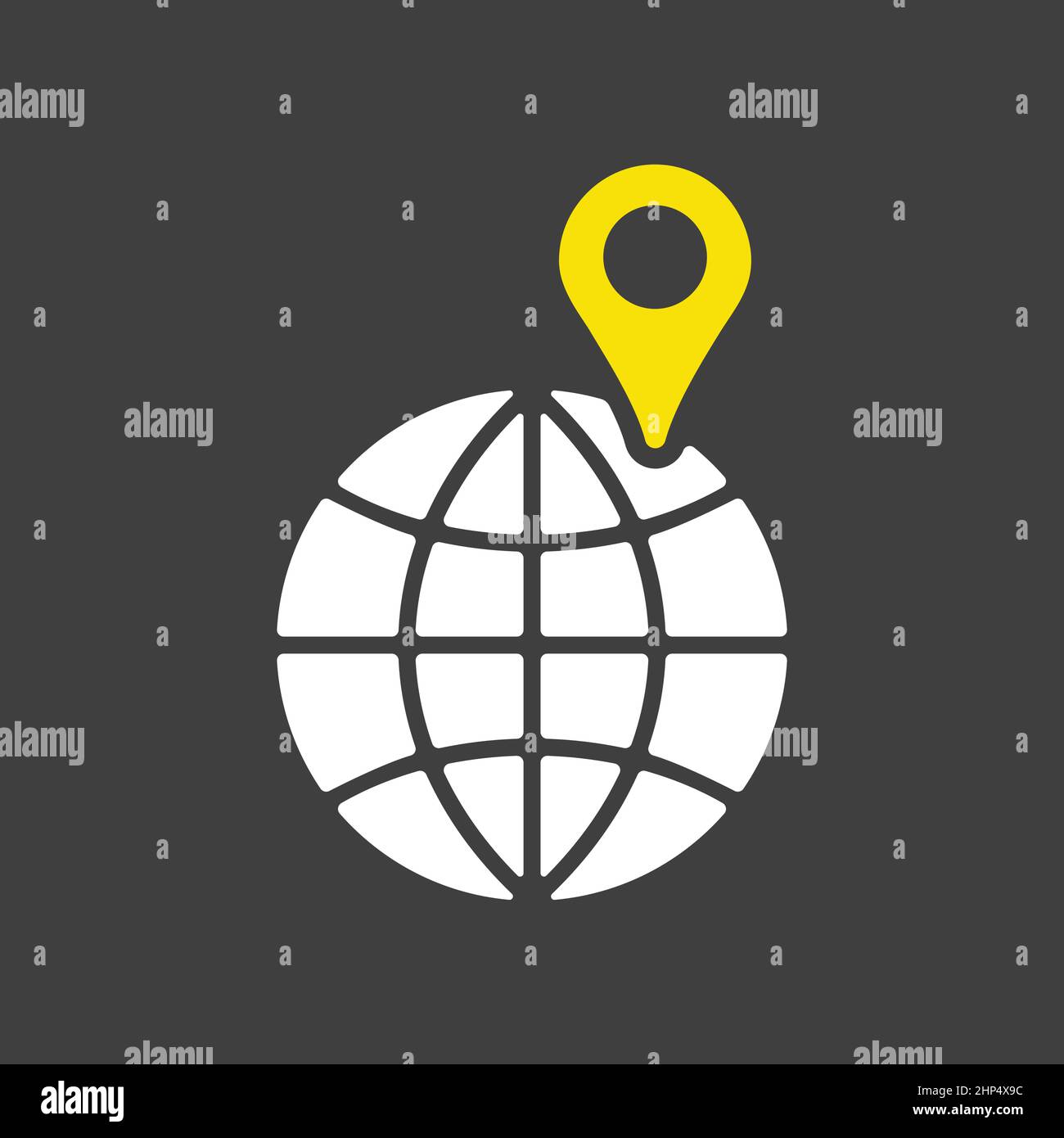 Globe with pin vector icon on dark background. Navigation sign Stock Vector