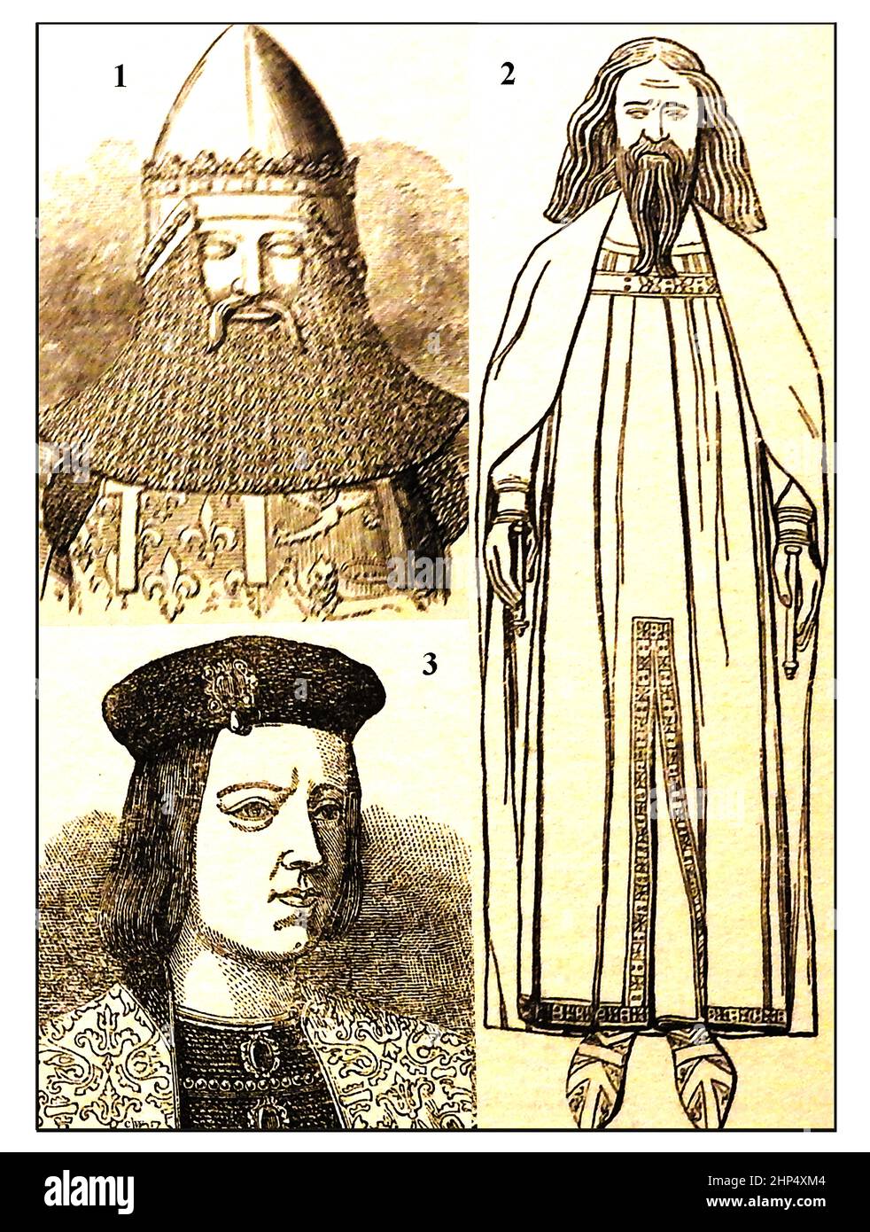 BRITISH ROYALTY  - A  late 19th century engraving showing portraits  of  Edward the Black Prince (Edward of Woodstock 1330-1376), King Edward III and King Edward IV of England. Stock Photo