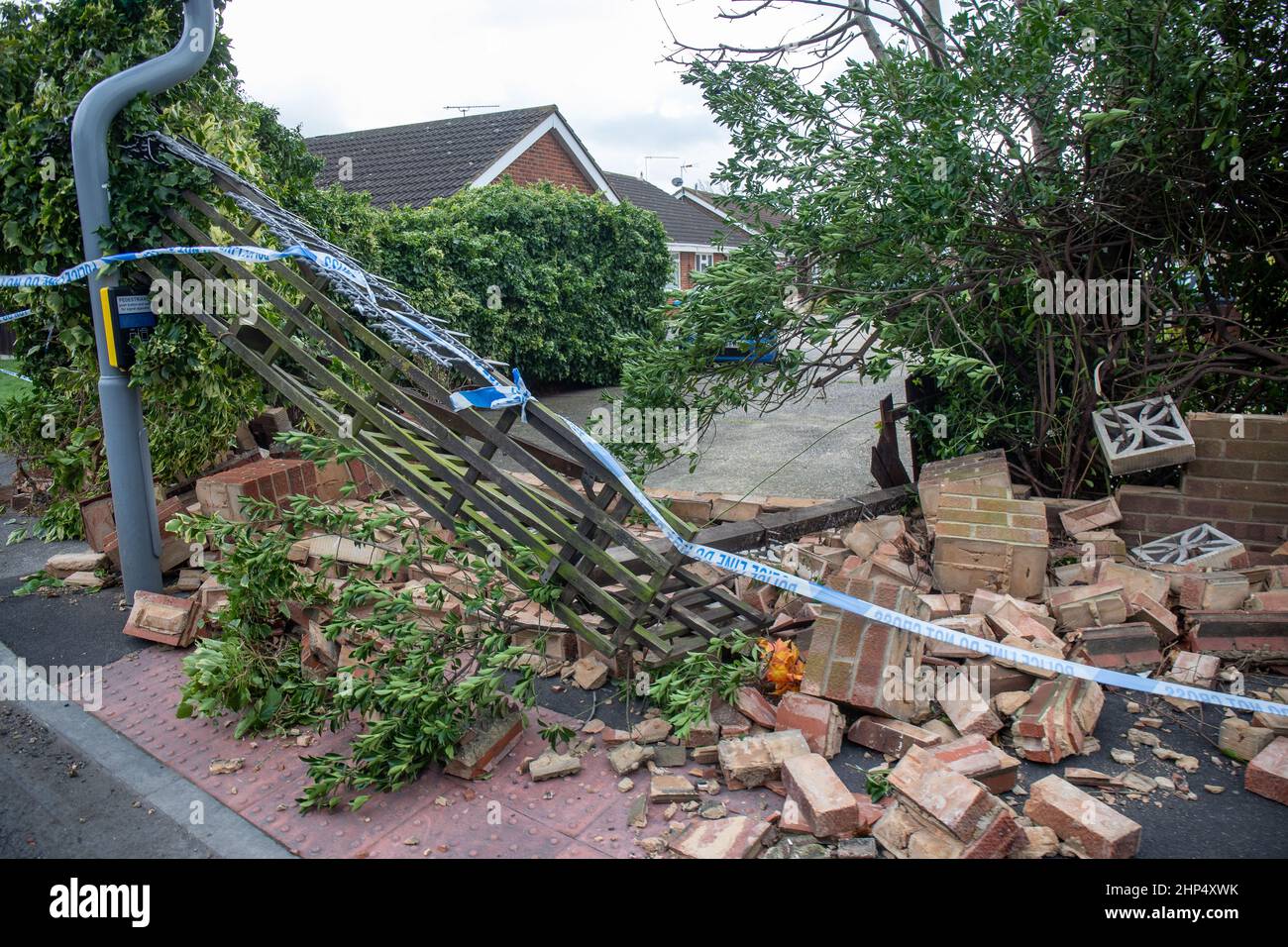 CANVEY ISLAND, ESSEX, FEBRUARY 18 2022, Storm Eunice hits the East Of England, The Met Office has issued two rare red warnings as the UK is hit by rain, snow and record-breaking 122 mph winds during the worst storm for 30 years. Credit: Lucy North/Alamy Live News Stock Photo