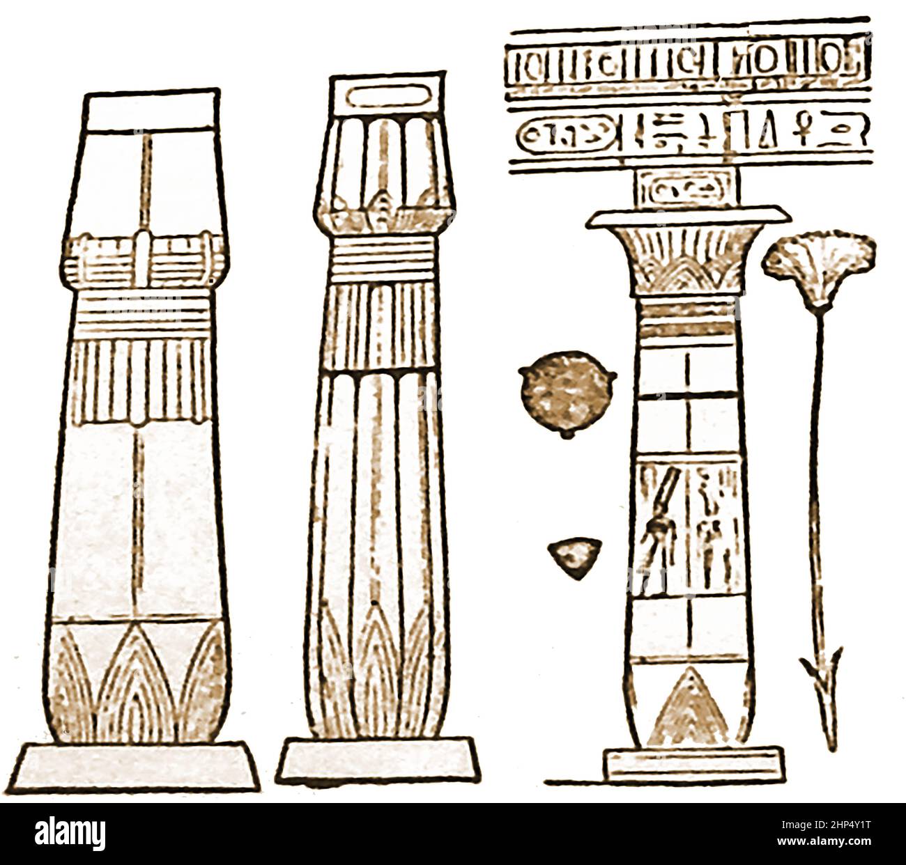 A late 19th century illustration showing  different types of columns found in Egyptian ruins. Stock Photo