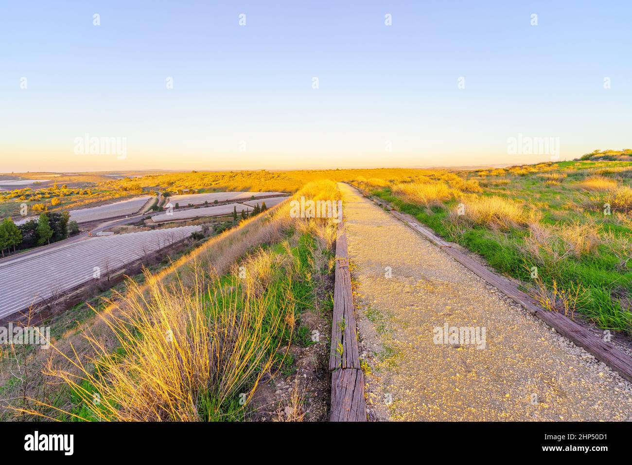Sunset view of landscape in Lachish, the Northern Negev Desert, Southern Israel Stock Photo