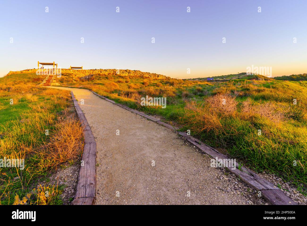 Sunset view of palace ruins in Tel Lachish, the Northern Negev Desert, Southern Israel Stock Photo