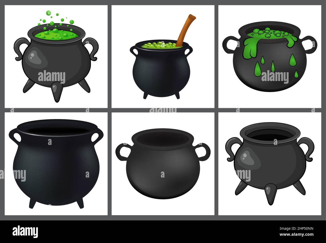 Cauldron with green magic potion and empty pot. Cartoon halloween icon set. Vector illustration isolated on white background. Stock Vector