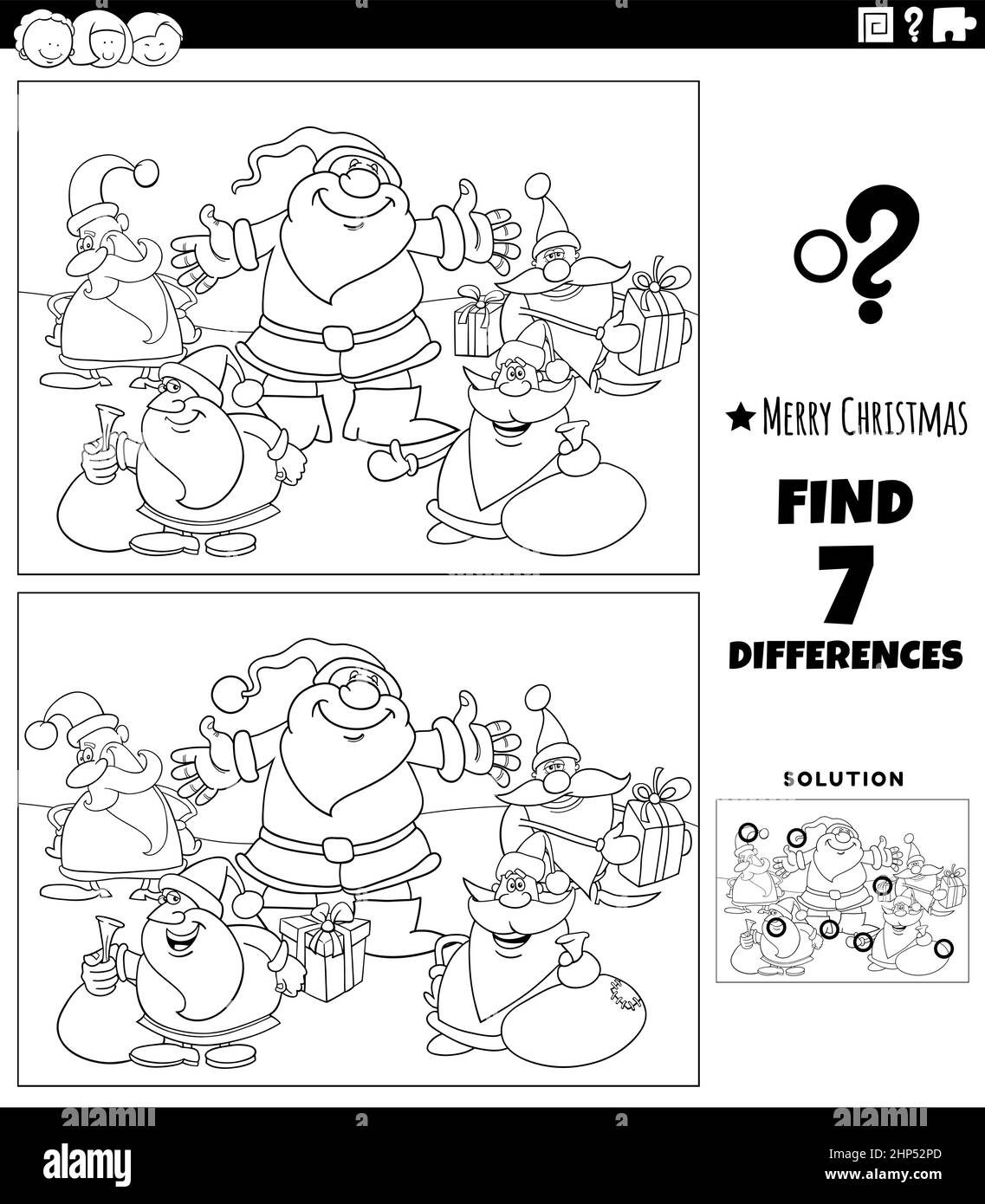 differences game with Santa characters coloring book page Stock Vector