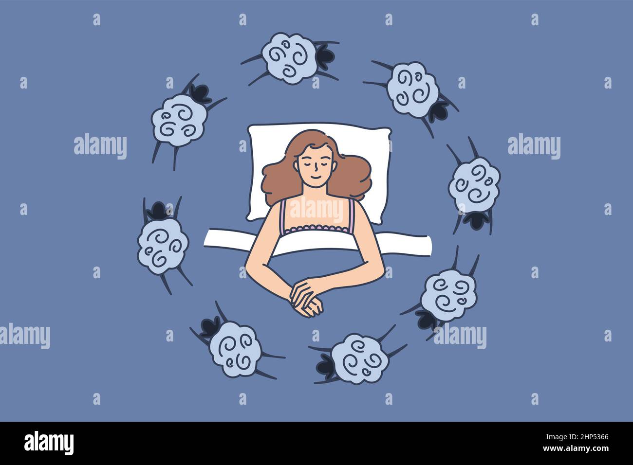 Woman lying in bed suffer from insomnia count sheep Stock Vector