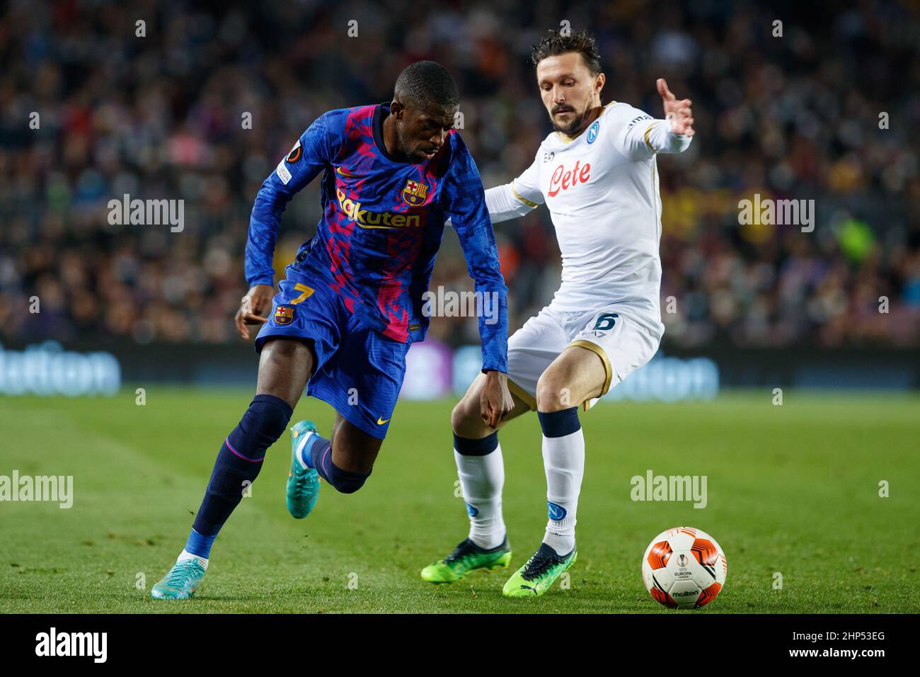 Ousmane Dembele of FC Barcelona during the UEFA Europa League match between FC Barcelona and SSC Napoli at Camp Nou in Barcelona, Spain. Stock Photo