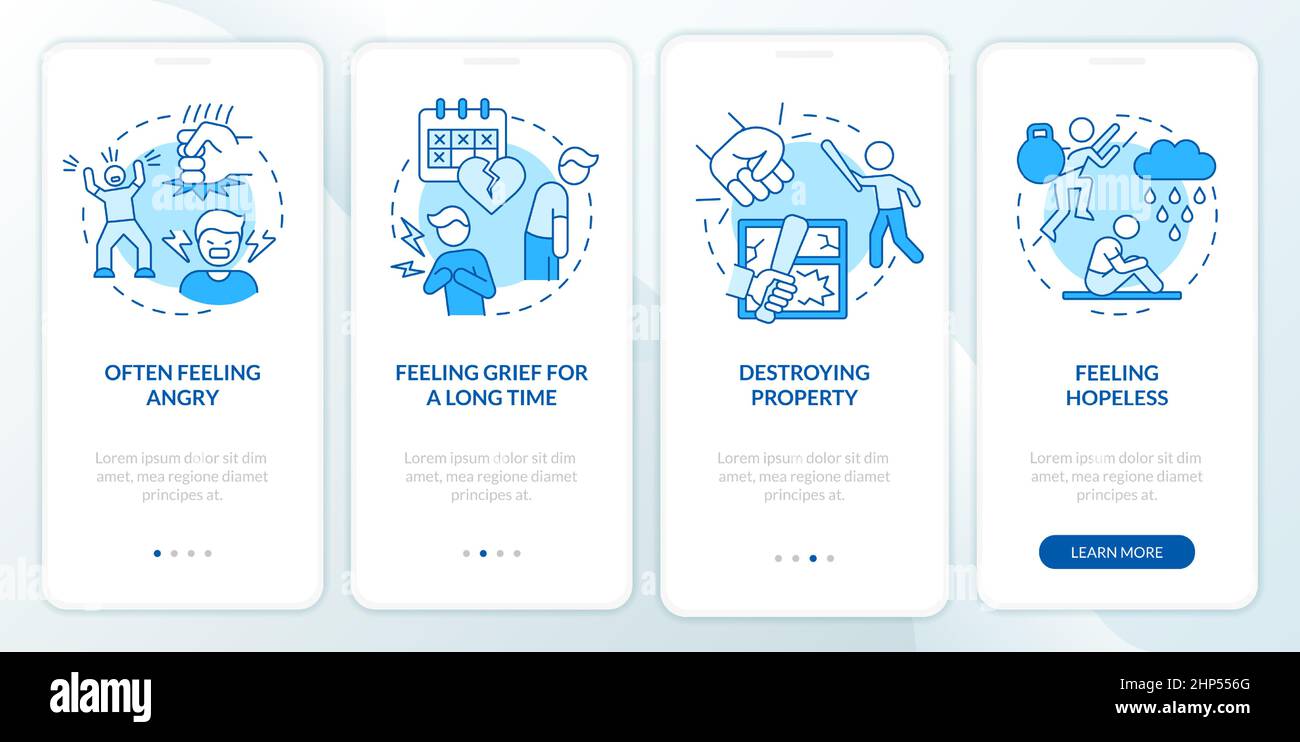 Teenage mental illness symptoms blue onboarding mobile app screen Stock