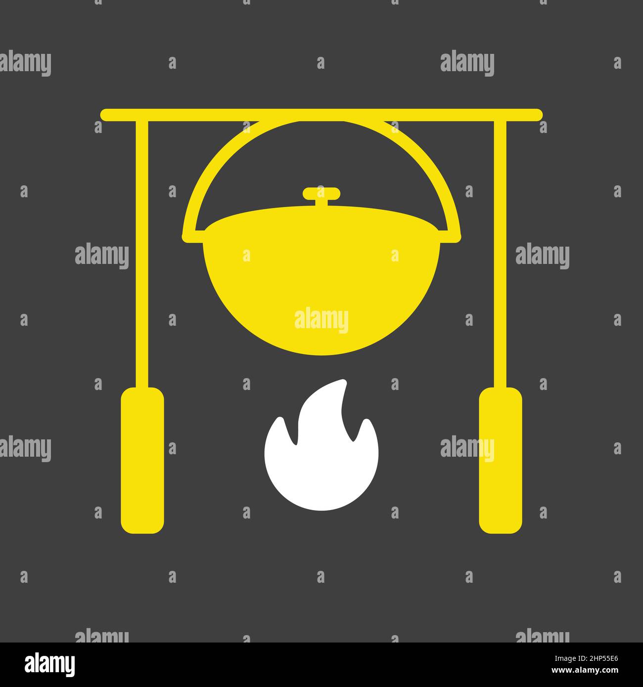 Camping pot over a bonfire vector icon on dark background Stock Vector