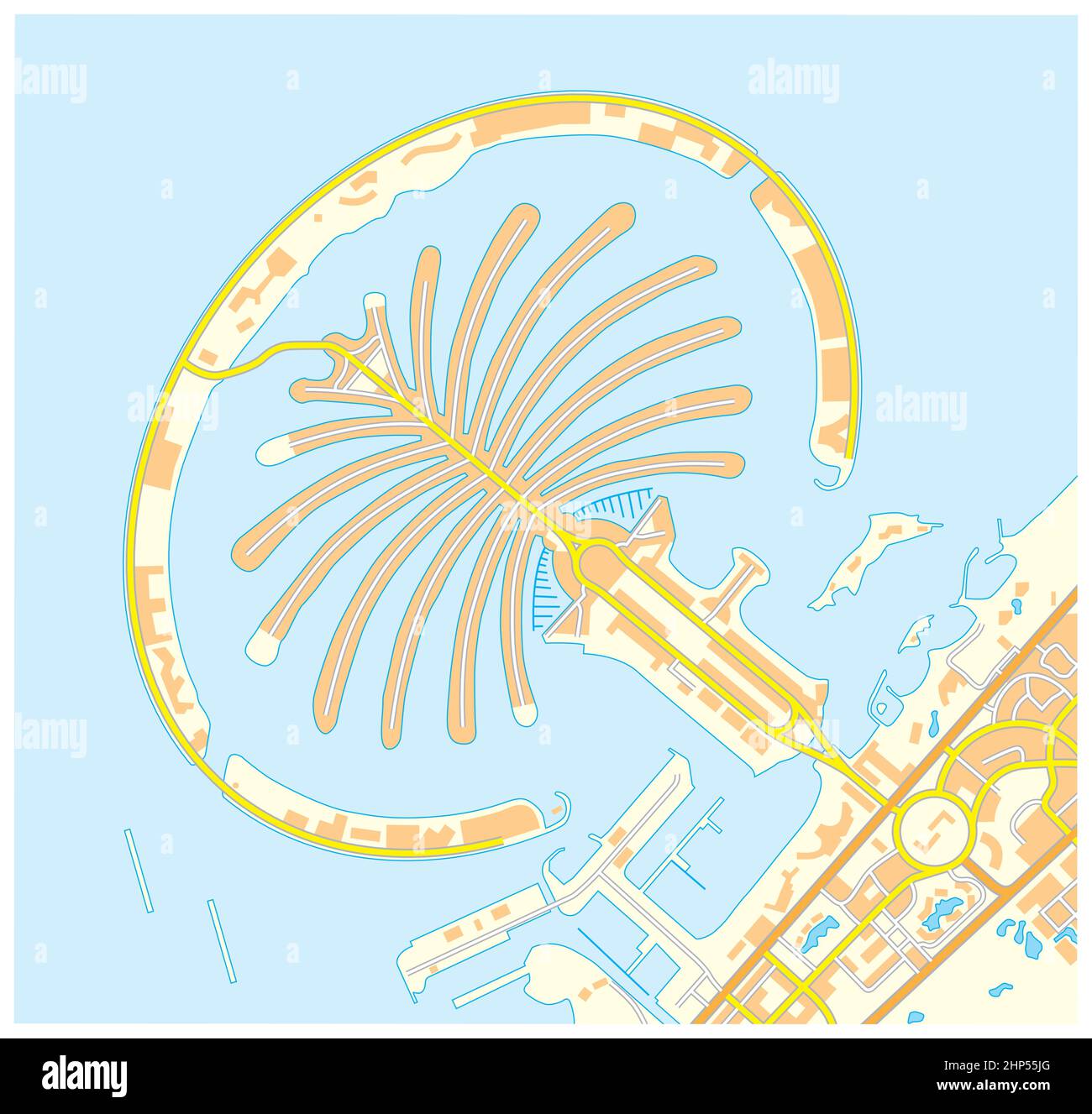 vector road map of Palm Jumeirah Islands, Dubai, United Arab Emirates Stock Vector
