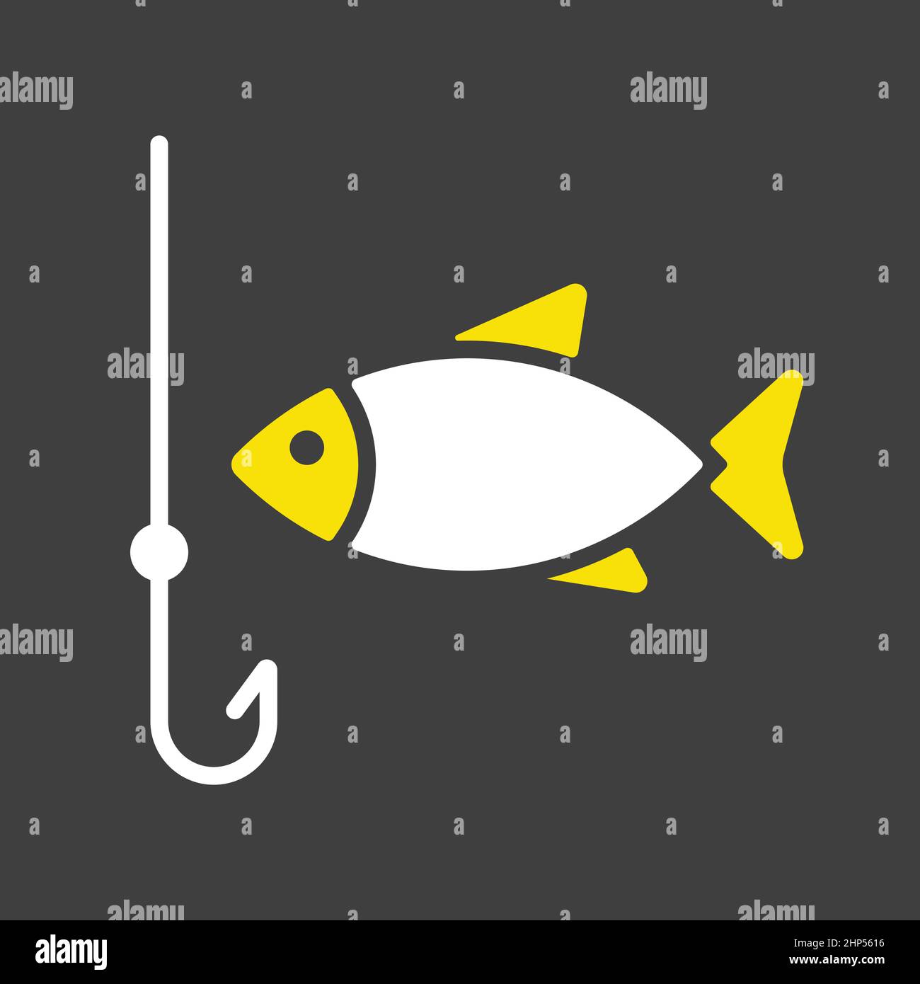 Fishing hook with fish vector icon on dark background. Camping sign ...