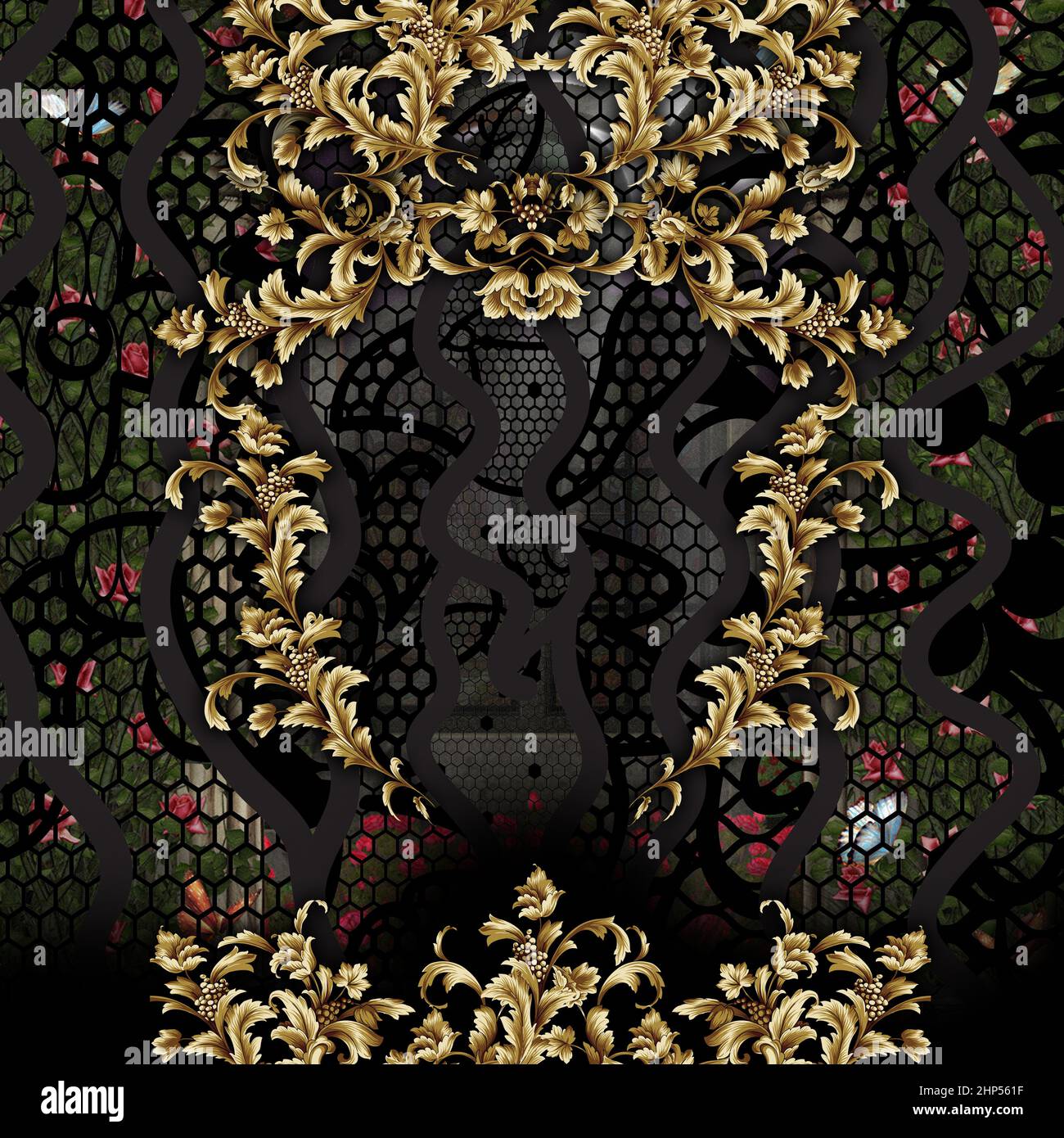 Floral Abstract Design with Golden Baroque Ready for Textile Prints ...